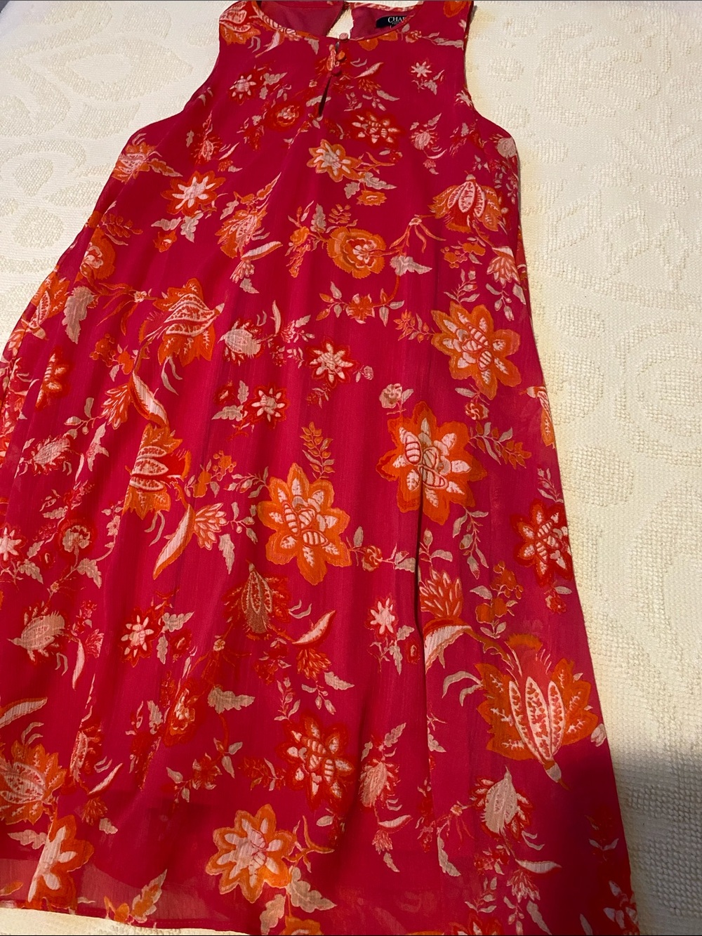 Chaps Dark Pink Floral Sleeveless Shift Dress with Orange & Cream Accents - Picture 5 of 9